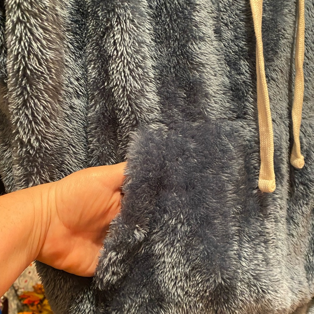 Blue faux Sherpa  pullover w/kangaroo pocket, drawstring and hood